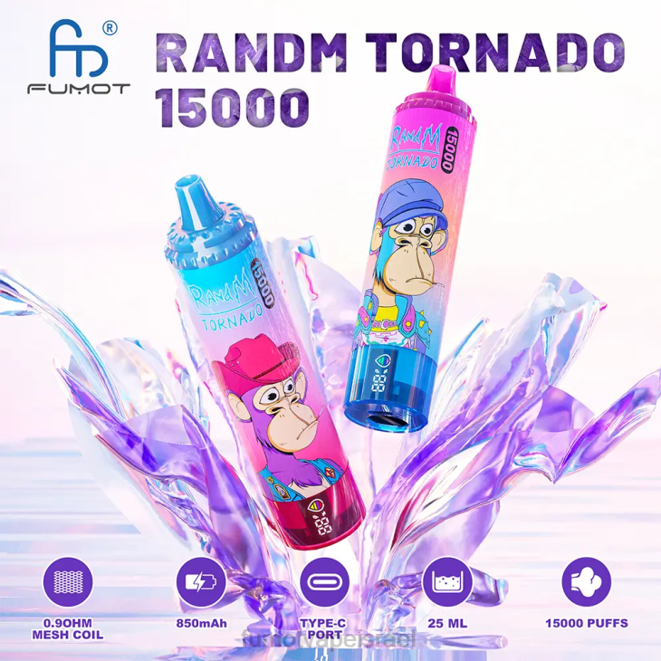 Fumot Disposable Vape | סוכריות אוכמניות אפרסק 06D6178 15,000 אדים חד פעמיים - 25 מ"ל (חתיכה אחת) Fumot Tornado